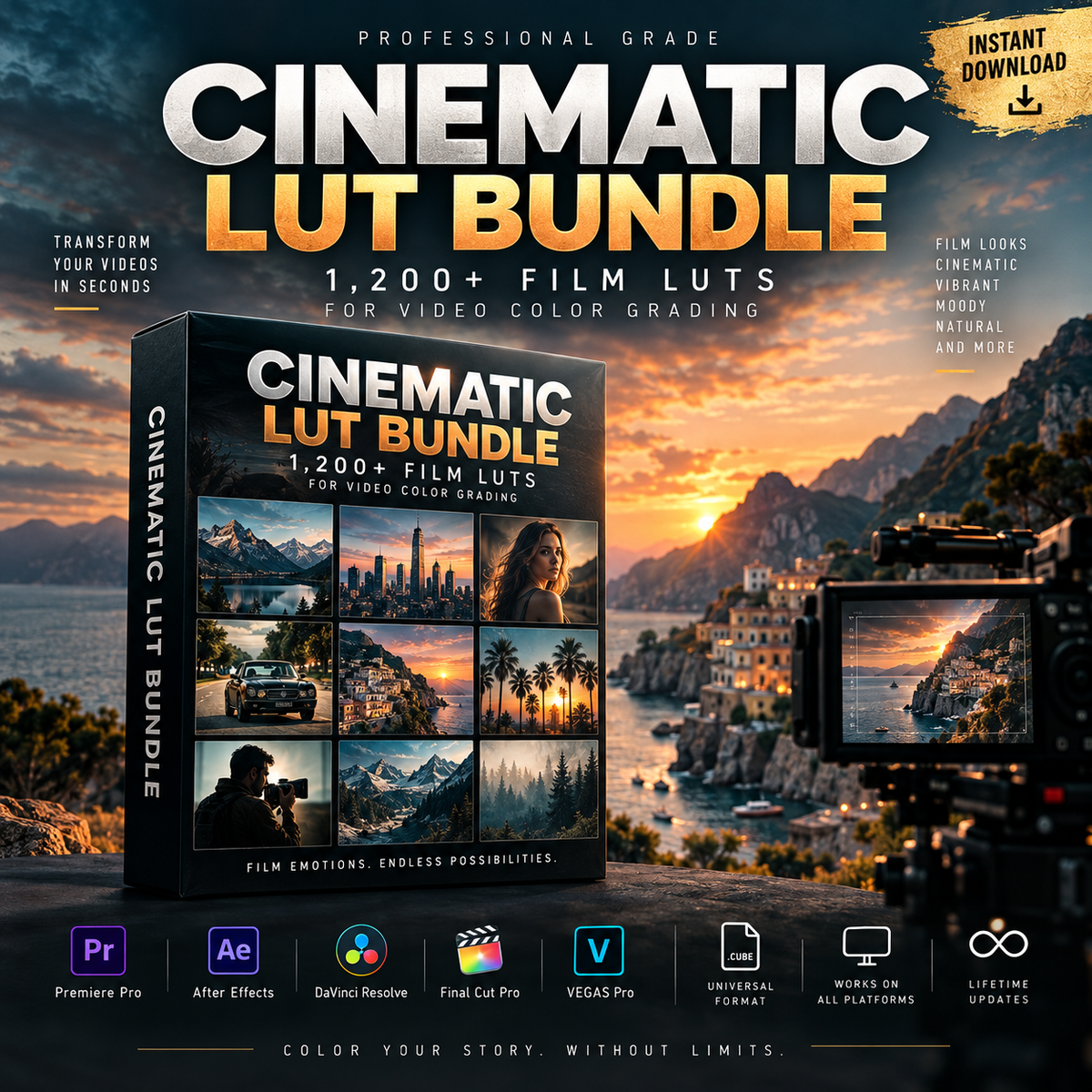 Promotional graphic for a Cinematic Lut Bundle digital product, showing a large product box, a preview of edited video footage, and feature icons for Adobe Premiere Pro, After Effects, Daifuku Resolve, Final Cut Pro, and VEGAS Pro.
