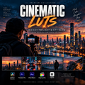 Promotional graphic for a premium collection of cinematic LUTs (color grading presets) for video editing. The design features a dark, moody city skyline at twilight with glowing skyscrapers and water reflections, overlaid with text such as 'CINEMATIC LUTS' and compatibility badges for DaVinci Resolve, Premiere Pro, After Effects, Final Cut Pro, and CapCut.