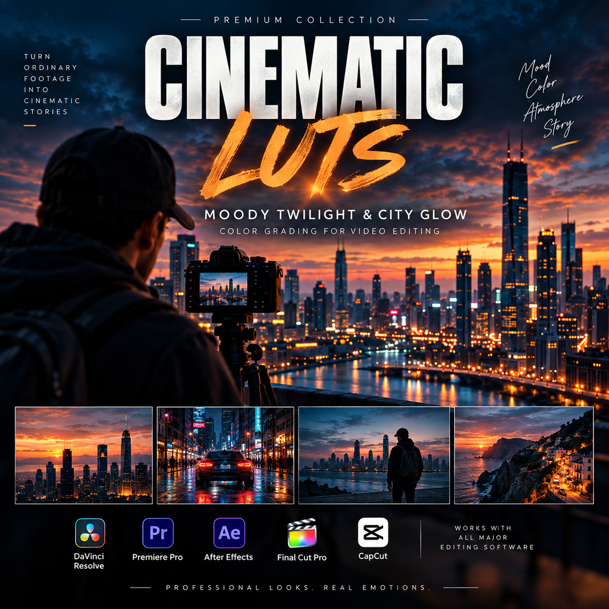 Promotional graphic for a premium collection of cinematic LUTs (color grading presets) for video editing. The design features a dark, moody city skyline at twilight with glowing skyscrapers and water reflections, overlaid with text such as 'CINEMATIC LUTS' and compatibility badges for DaVinci Resolve, Premiere Pro, After Effects, Final Cut Pro, and CapCut.