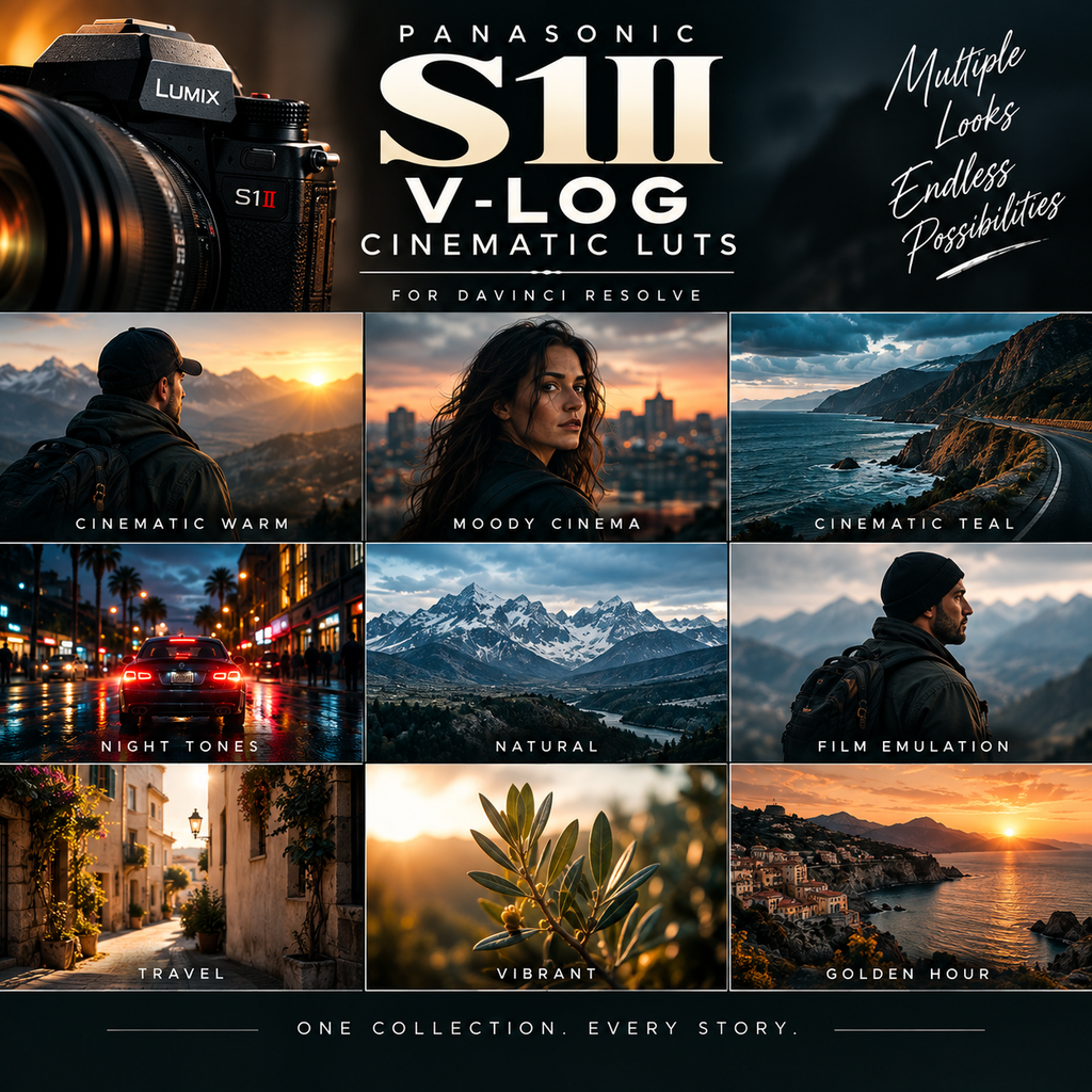 Promotional graphic for Panasonic S11 V-LOG Cinematic Luts for DaVinci Resolve, featuring a large camera lens at top left, the Panasonic S11 branding, and a 3x3 grid of example cinematic photo styles including mountain landscapes, city scenes, coastal roads, night reflections, snowy mountains, portraits, and golden-hour travel imagery.