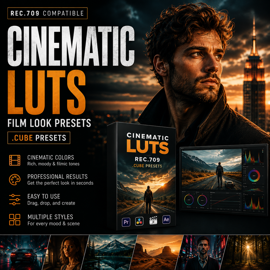 Promotional graphic for 'Cinematic Luts' film look presets, showing a man in a dark jacket against a dramatic sunset cityscape, a software box cover, a monitor preview with color wheels, and feature icons on the left.