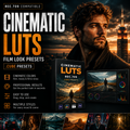 Promotional graphic for 'Cinematic Luts' film look presets, showing a man in a dark jacket against a dramatic sunset cityscape, a software box cover, a monitor preview with color wheels, and feature icons on the left.