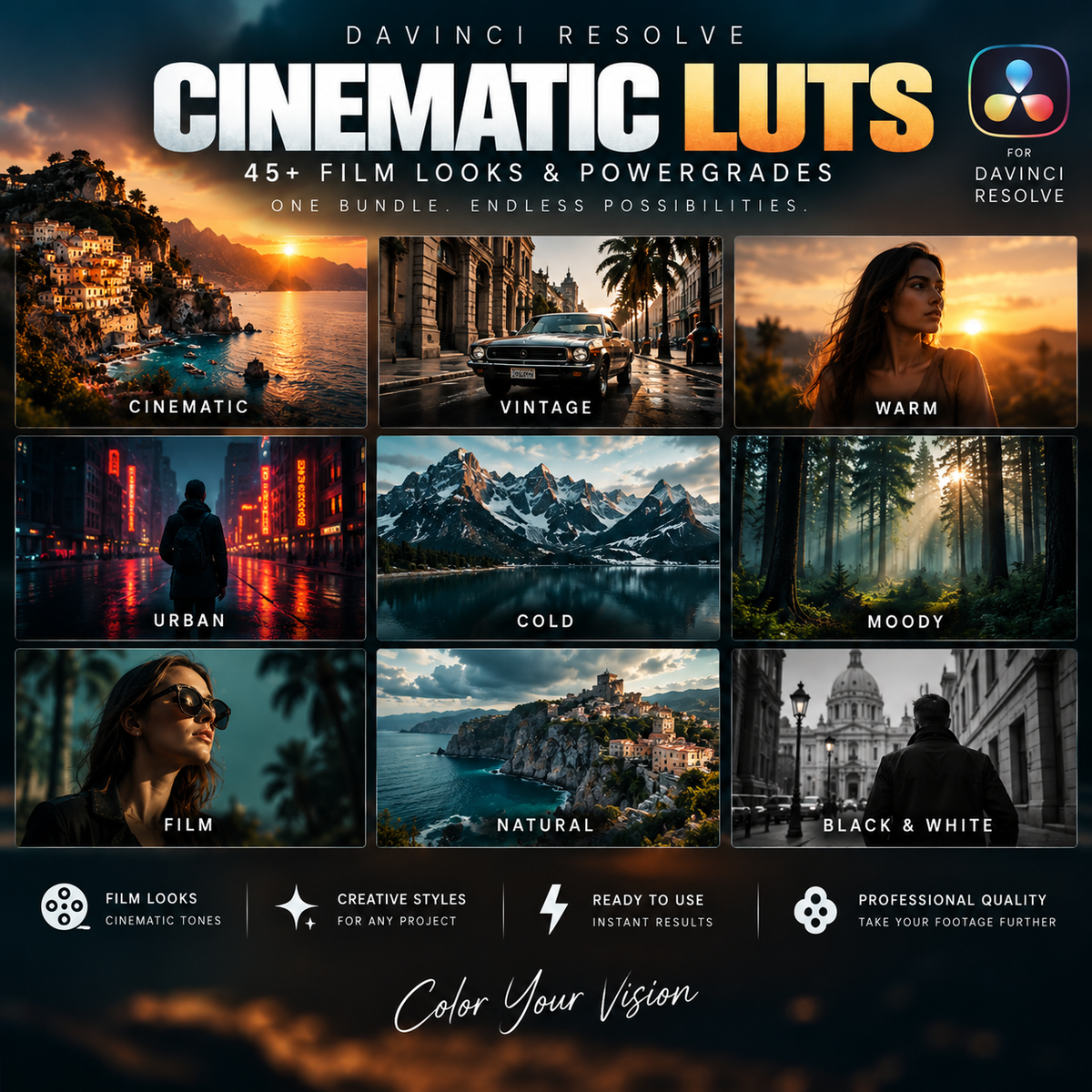 Promotional graphic for a Davinci Resolve LUT pack, showing a grid of cinematic photo styles and text reading 'Cinematic Luts' with '45+ Film Looks & Powergrades' and 'One Bundle. Endless Possibilities.