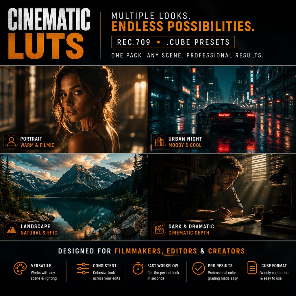 Promotional graphic for Cinematic Luts cube presets, showing four example scenes: a warm portrait, a moody urban night with a car, a dramatic mountain landscape, and a dark cinematic interior. Text highlights multiple looks, endless possibilities, REC.