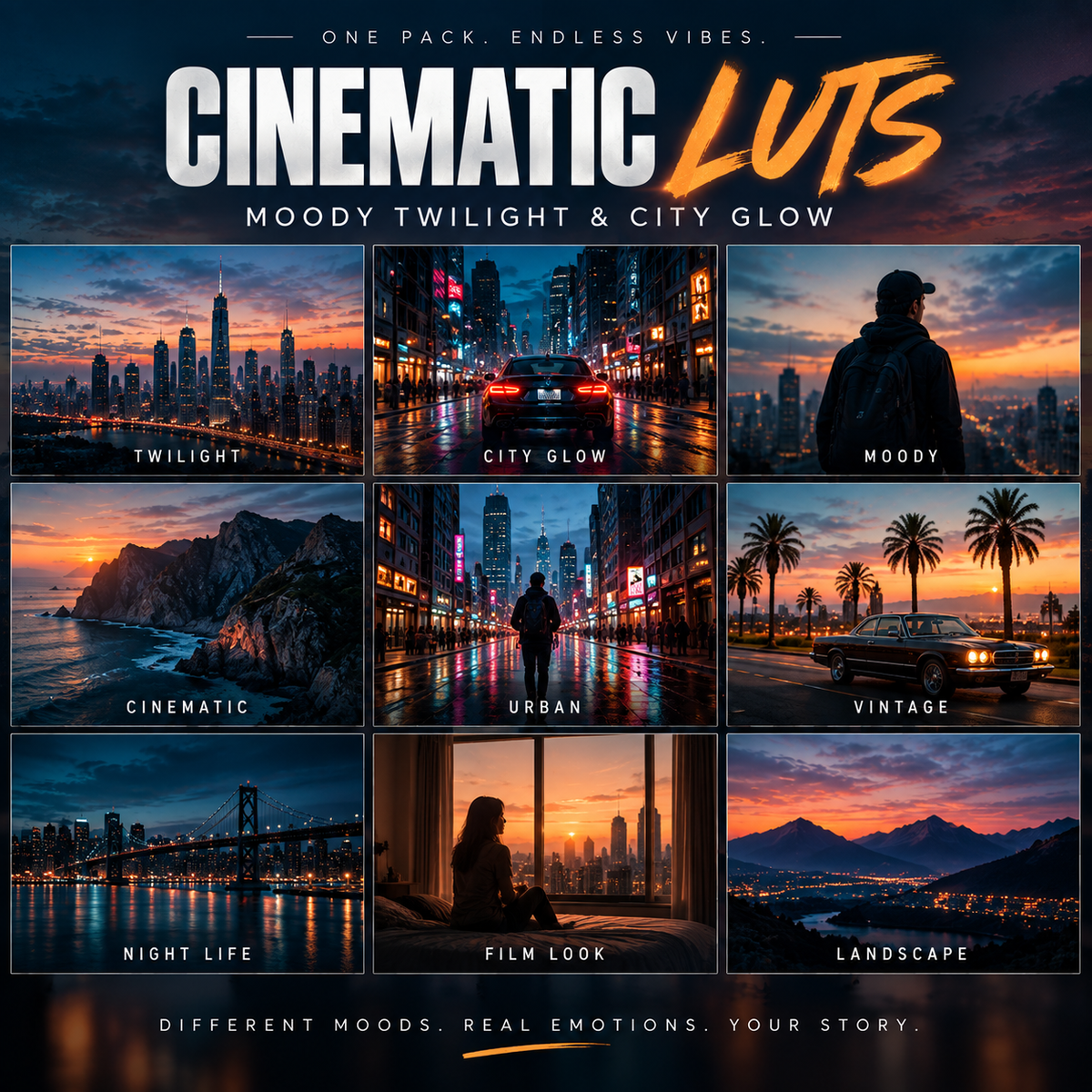 Promotional graphic for a pack of cinematic color grading presets or LUTs, titled 'CINEMATIC LUTS'. The design features a 3x3 grid showcasing nine different mood-based city and landscape photography styles (Twilight, City Glow, Moody, Cinematic, Urban, Vintage, Night Life, Film Look, Landscape) under a dark, glowing twilight sky.