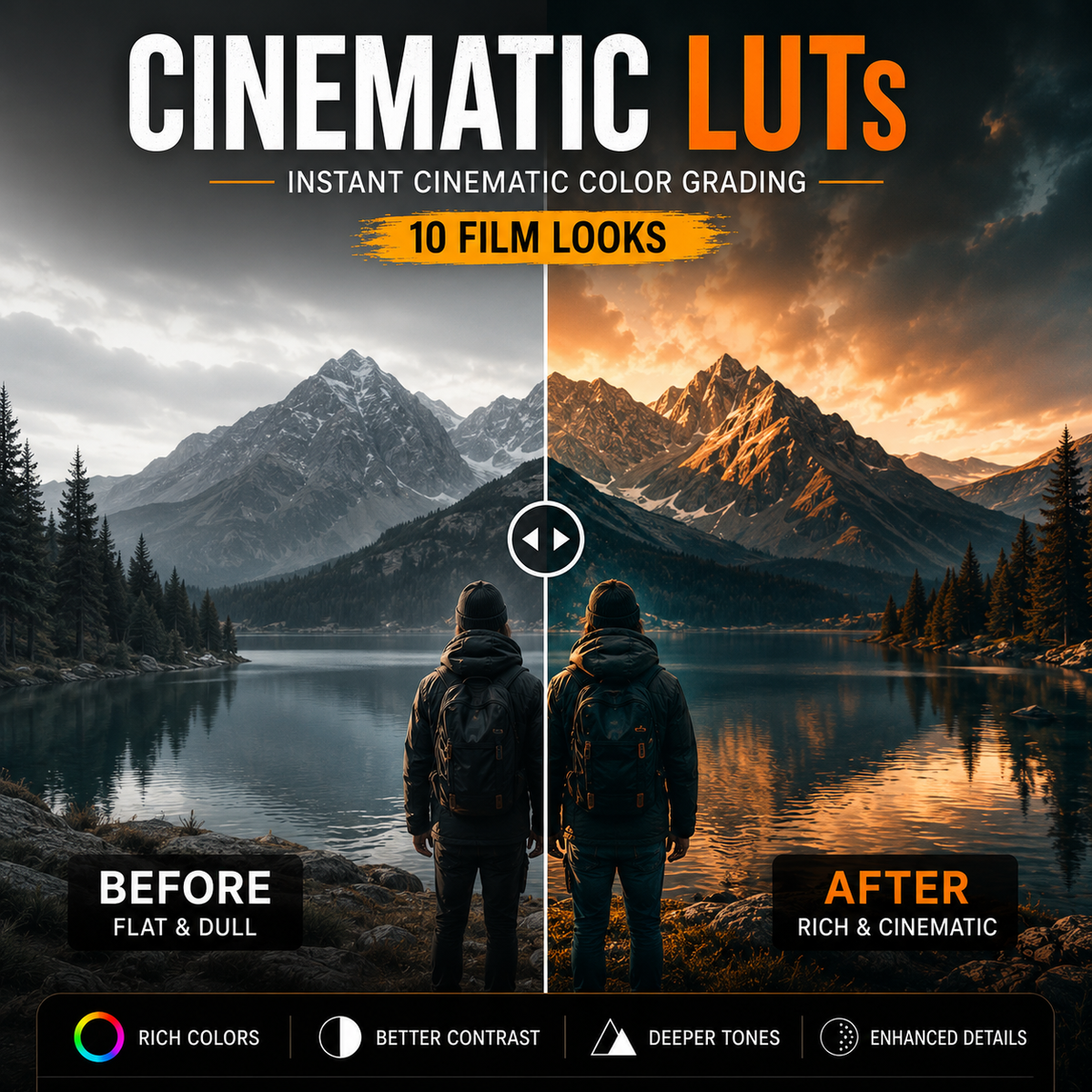 Promotional graphic for cinematic LUTs showing a split before-and-after landscape scene with two hikers facing a mountain lake. Large text reads 'CINEMATIC LUTs' and '10 FILM LOOKS,' with 'BEFORE' on the left and 'AFTER' on the right, plus feature icons at the bottom.