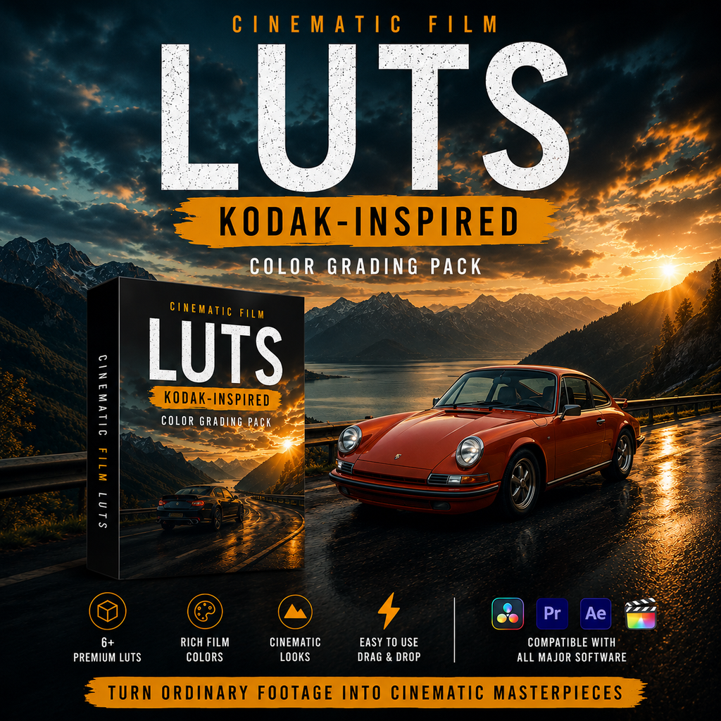 Promotional graphic for a 'LUTS Kodak-Inspired Color Grading Pack' showing a software box cover, a red sports car on a wet mountain road, and text highlighting cinematic film looks and compatibility with Adobe Premiere Pro and After Effects.