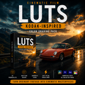 Promotional graphic for a 'LUTS Kodak-Inspired Color Grading Pack' showing a software box cover, a red sports car on a wet mountain road, and text highlighting cinematic film looks and compatibility with Adobe Premiere Pro and After Effects.