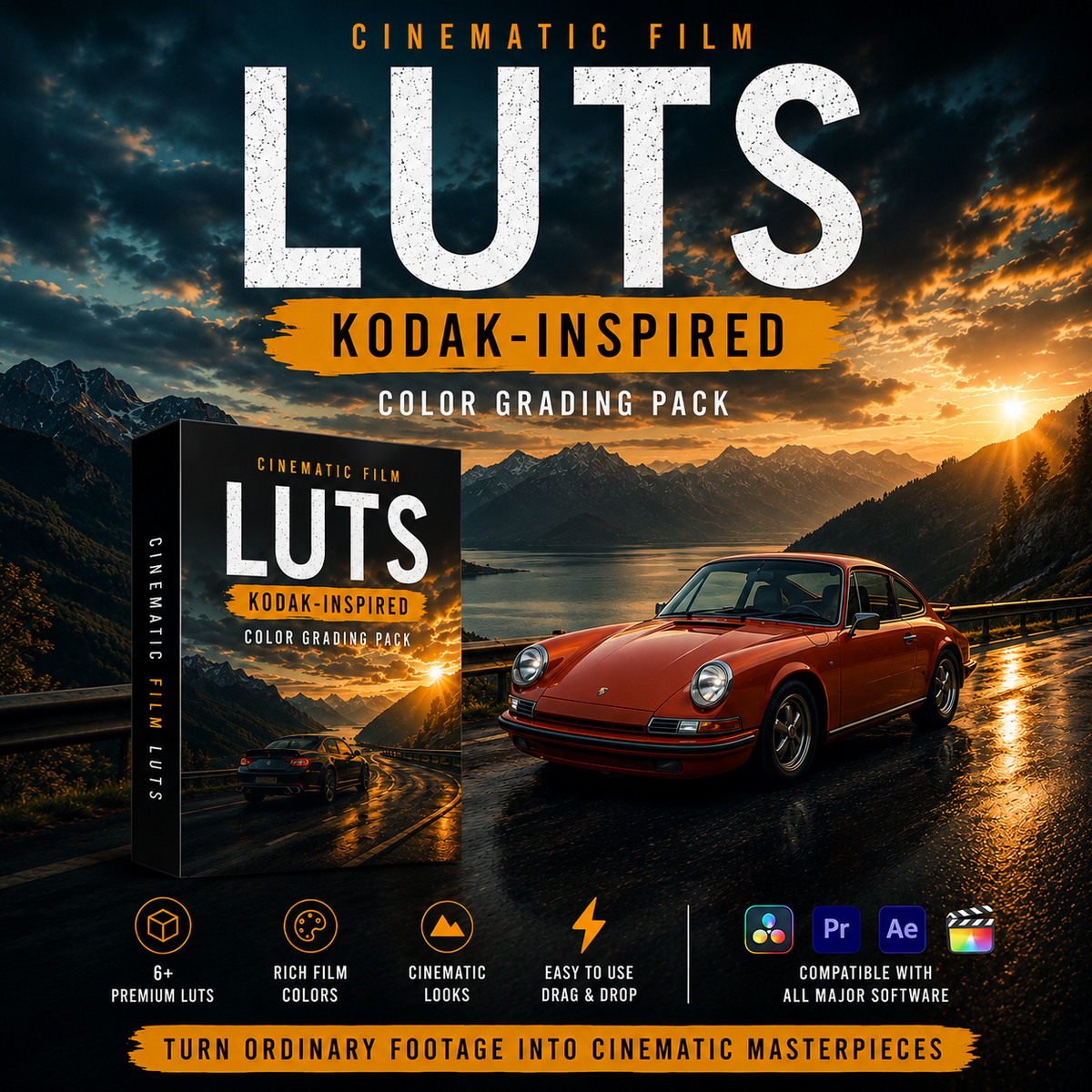 Promotional graphic for a 'LUTS Kodak-Inspired Color Grading Pack' showing a software box cover, a red sports car on a wet mountain road, and text highlighting cinematic film looks and compatibility with Adobe Premiere Pro and After Effects.
