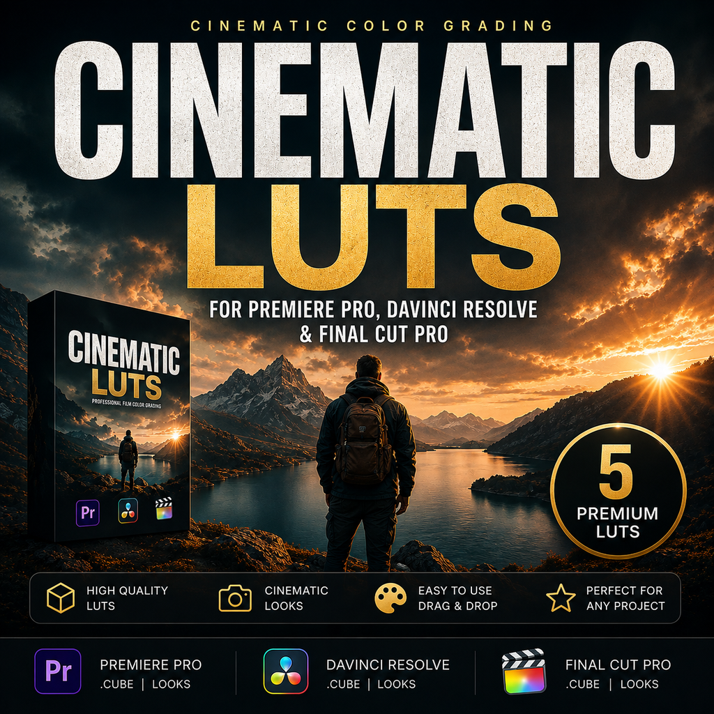 Promotional graphic for a digital product titled 'Cinematic Luts' with large textured white and gold title text over a dramatic mountain lake sunset scene. A person stands in the foreground facing the water, and the artwork includes software compatibility icons for Premiere Pro, Davinci Resolve, and Final Cut Pro.