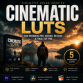 Promotional graphic for a digital product titled 'Cinematic Luts' with large textured white and gold title text over a dramatic mountain lake sunset scene. A person stands in the foreground facing the water, and the artwork includes software compatibility icons for Premiere Pro, Davinci Resolve, and Final Cut Pro.