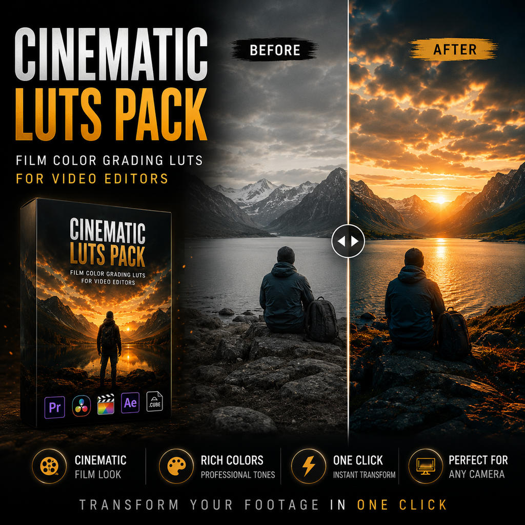 Promotional graphic for a cinematic Luts Pack video editing preset pack, showing a before-and-after split screen of a mountain lake landscape with a person sitting on the shore, alongside a software box cover and feature icons.