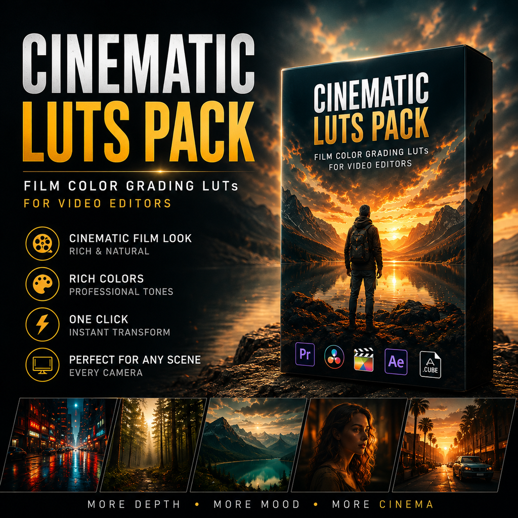 Promotional graphic for a cinematic LUTs pack for video editors, showing a software-style box cover with a mountain lake sunset scene, feature callouts on the left, and example before/after style editing results along the bottom.