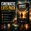 Promotional graphic for a cinematic LUTs pack for video editors, showing a software-style box cover with a mountain lake sunset scene, feature callouts on the left, and example before/after style editing results along the bottom.