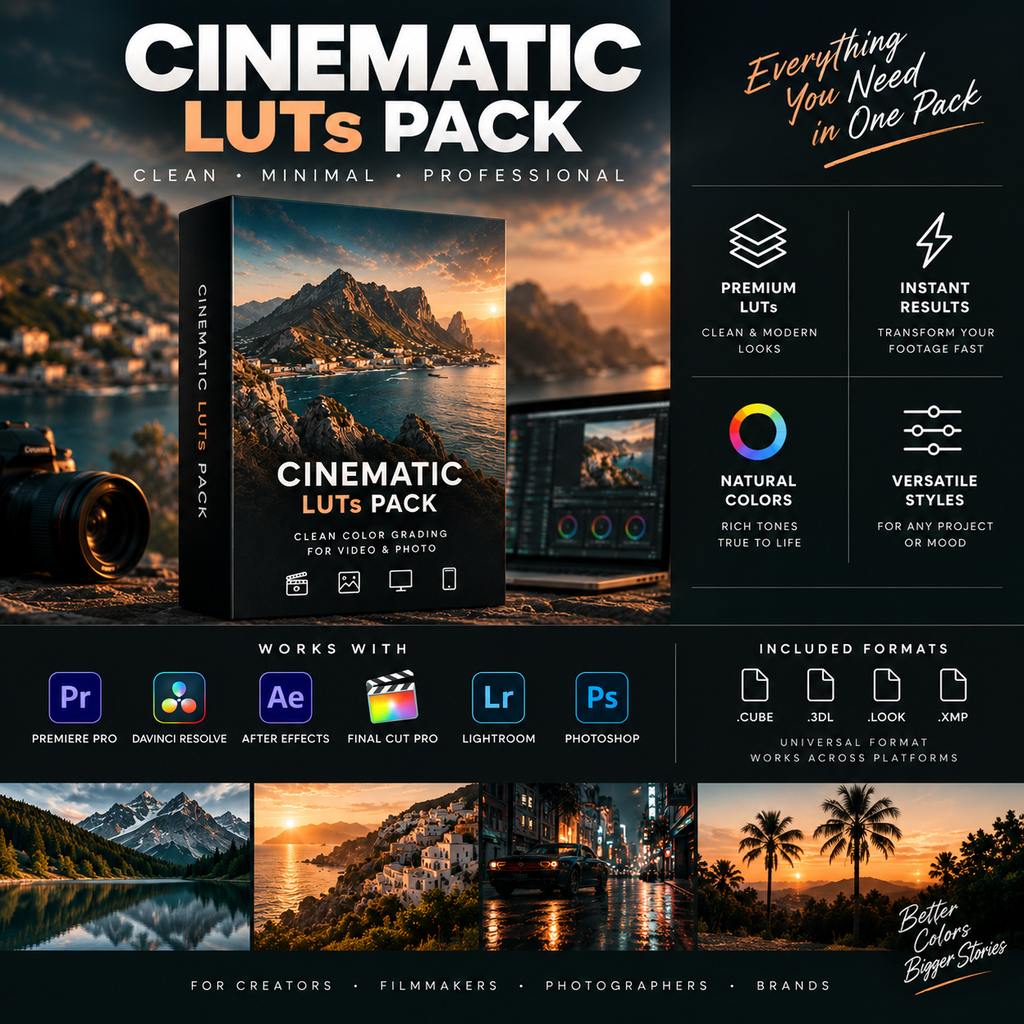 Promotional graphic for a Cinematic LUTs Pack with a large product box mockup, feature callouts, software compatibility icons for Premiere Pro, DaVinci Resolve, After Effects, Lightroom, and Photoshop, included file formats, and four example landscape photos.
