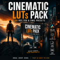 Promotional graphic for a 'Cinematic LUTs Pack' showing a dark sci-fi city scene and a mountain landscape at sunset, with a central product box mockup and feature icons for REC.709 and DWG compatibility.