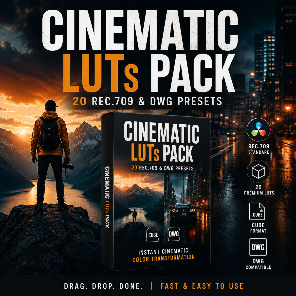 Promotional graphic for a 'Cinematic LUTs Pack' showing a dark sci-fi city scene and a mountain landscape at sunset, with a central product box mockup and feature icons for REC.709 and DWG compatibility.