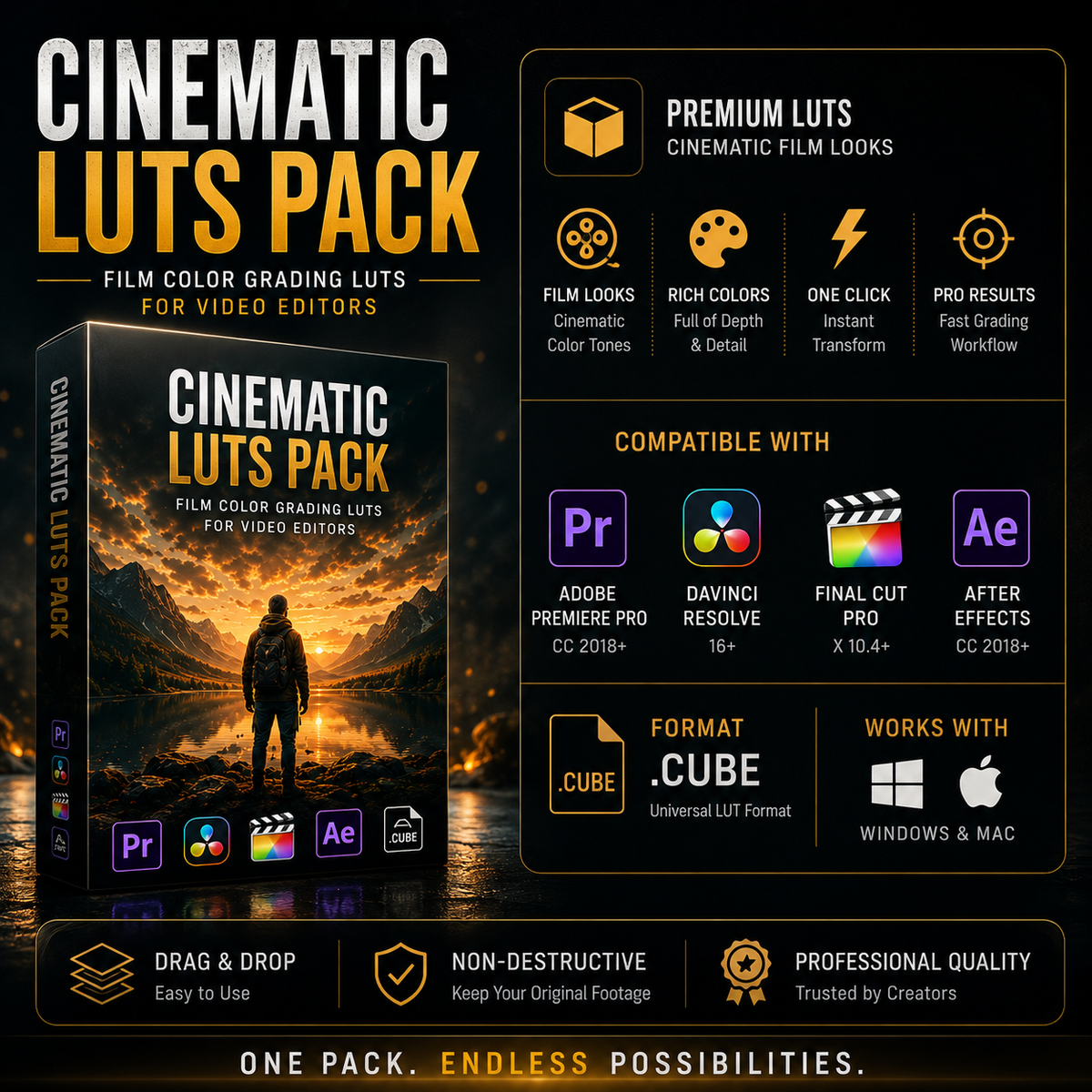 Promotional graphic for a cinematic LUTs pack for video editors, showing a 3D software box cover, feature callouts, compatibility logos for Adobe Premiere Pro, DaVinci Resolve, Final Cut Pro, After Effects, and Windows/macOS, and marketing text on a dark background.
