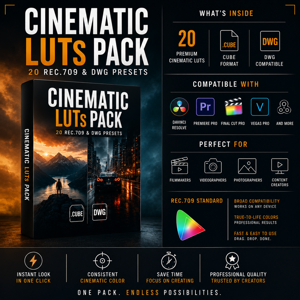 Promotional graphic for a cinematic Luts pack with 20 REC.079 and DWG presets, showing a dark mountain scene with a glowing figure, feature callouts, compatibility icons for Adobe Premiere Pro, Final Cut Pro, Vegas, and others, and marketing text on a black background.