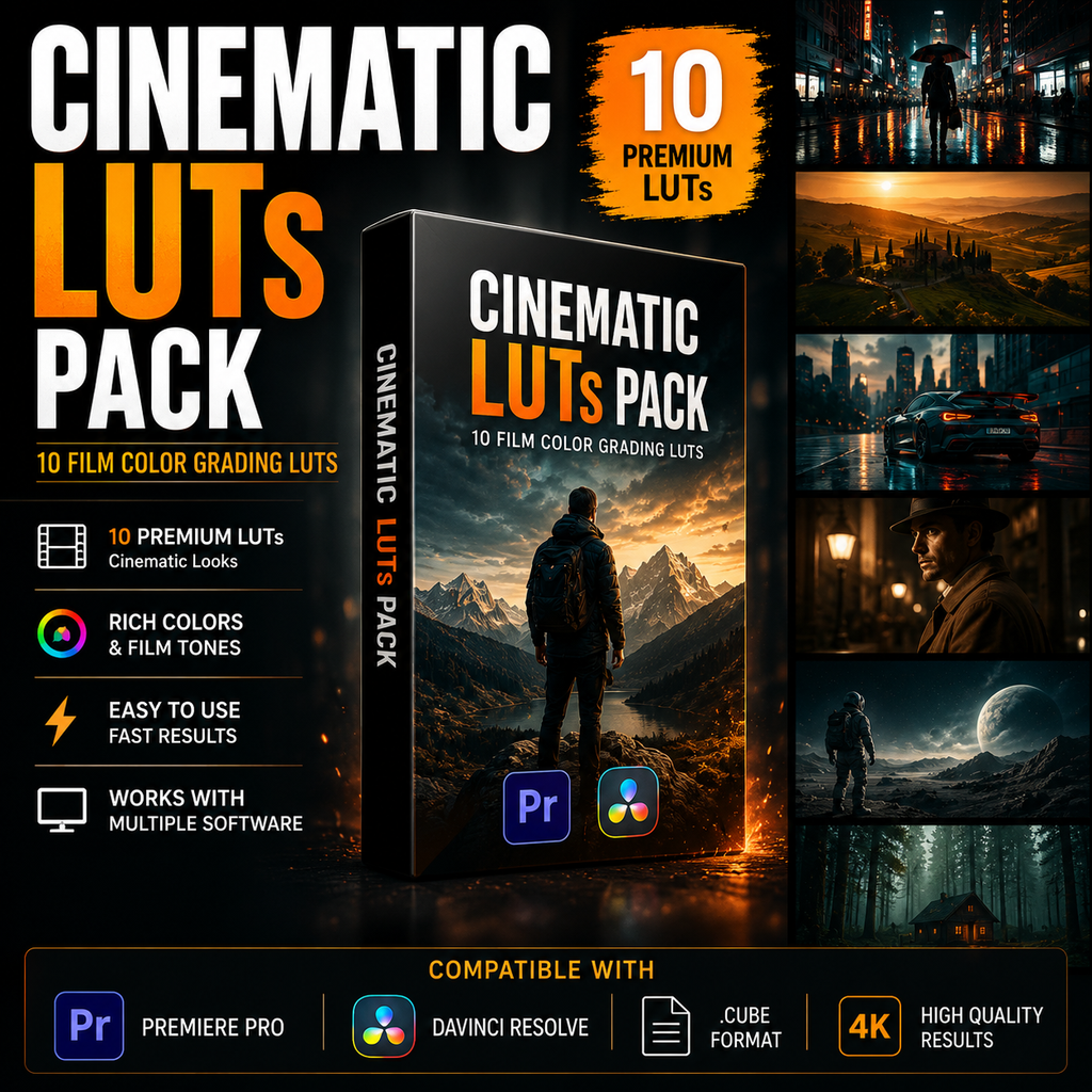 Promotional graphic for a 'Cinematic Luts Pack' showing a 3D software box mockup, feature callouts, compatibility badges for Premiere Pro and DaVinci Resolve, and several example cinematic color-grading photos on a dark background.