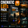 Promotional graphic for a 'Cinematic Luts Pack' showing a 3D software box mockup, feature callouts, compatibility badges for Premiere Pro and DaVinci Resolve, and several example cinematic color-grading photos on a dark background.