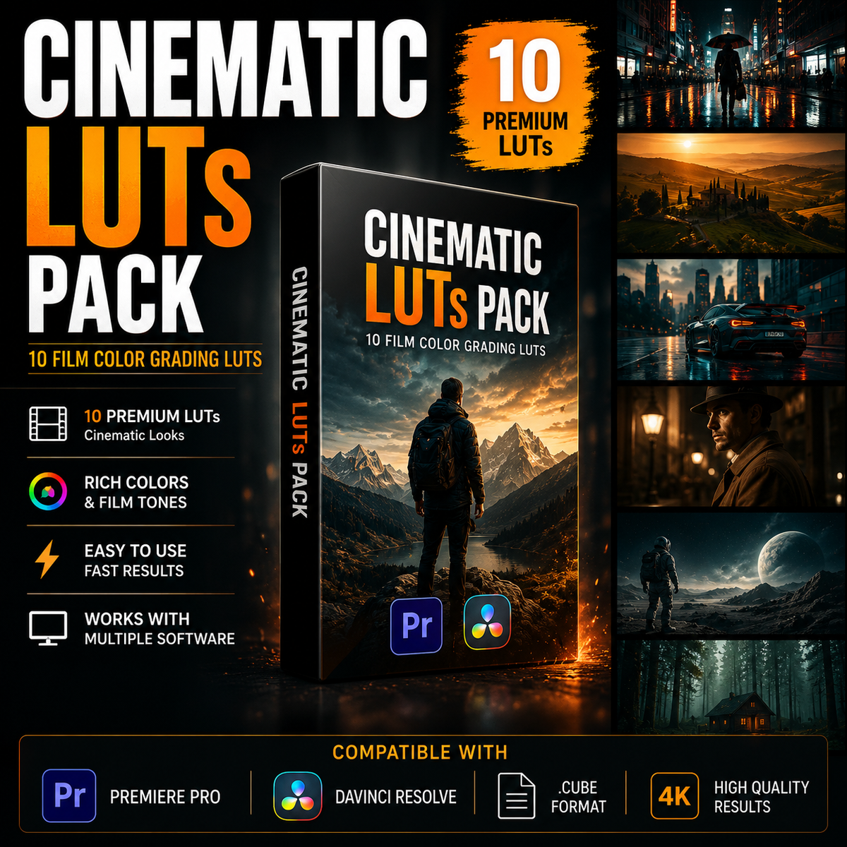 Promotional graphic for a 'Cinematic Luts Pack' showing a 3D software box mockup, feature callouts, compatibility badges for Premiere Pro and DaVinci Resolve, and several example cinematic color-grading photos on a dark background.