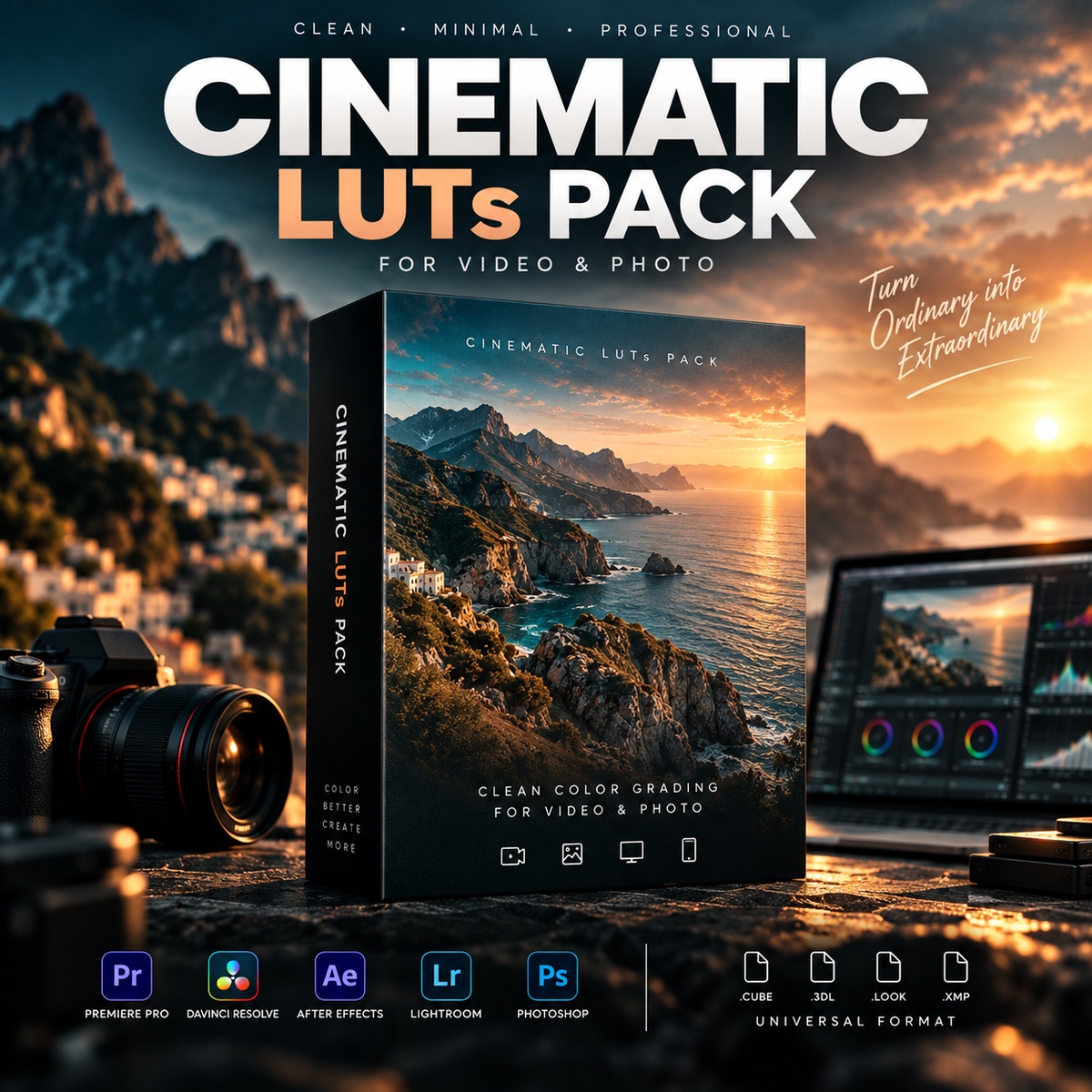 Promotional graphic for a cinematic LUTs pack for video and photo editing, shown with a boxed digital product mockup, a camera lens, a monitor with color curves, and software icons for Premiere Pro, DaVinci Resolve, After Effects, Lightroom, and Photoshop.