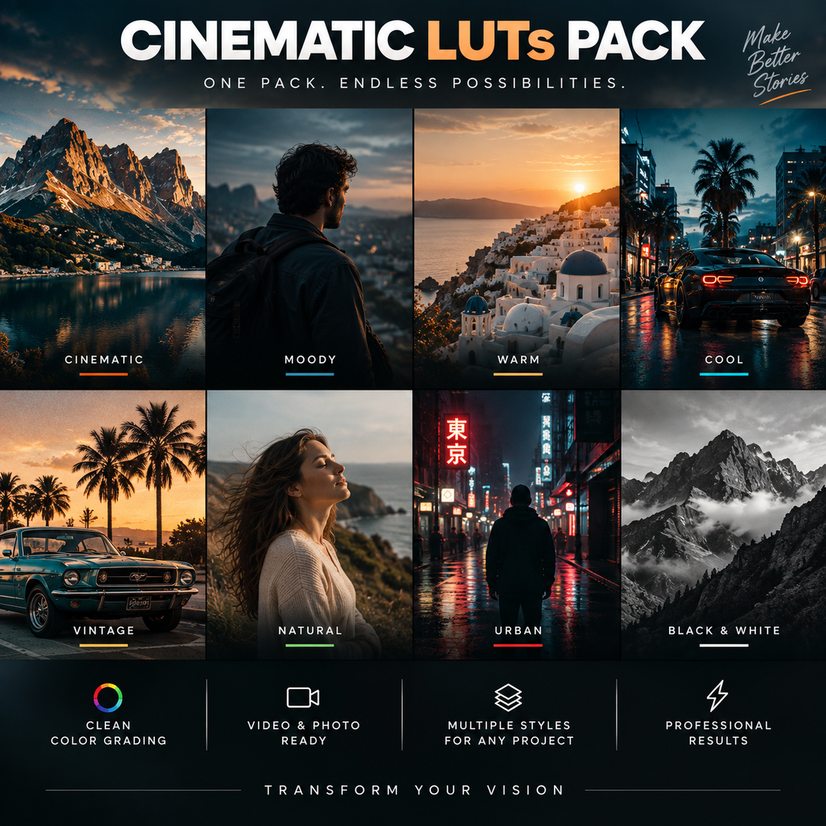 Promotional graphic for a cinematic LUTs pack showing eight sample photo panels with different mood and color styles: mountain landscapes, a moody figure, a warm sunset seascape, a cool night city car, a vintage car in sunset light, a woman in natural light, a neon-lit urban street, and a black-and-white mountain scene. Text reads 'CINEMATIC LUTs PACK,' 'ONE PACK.