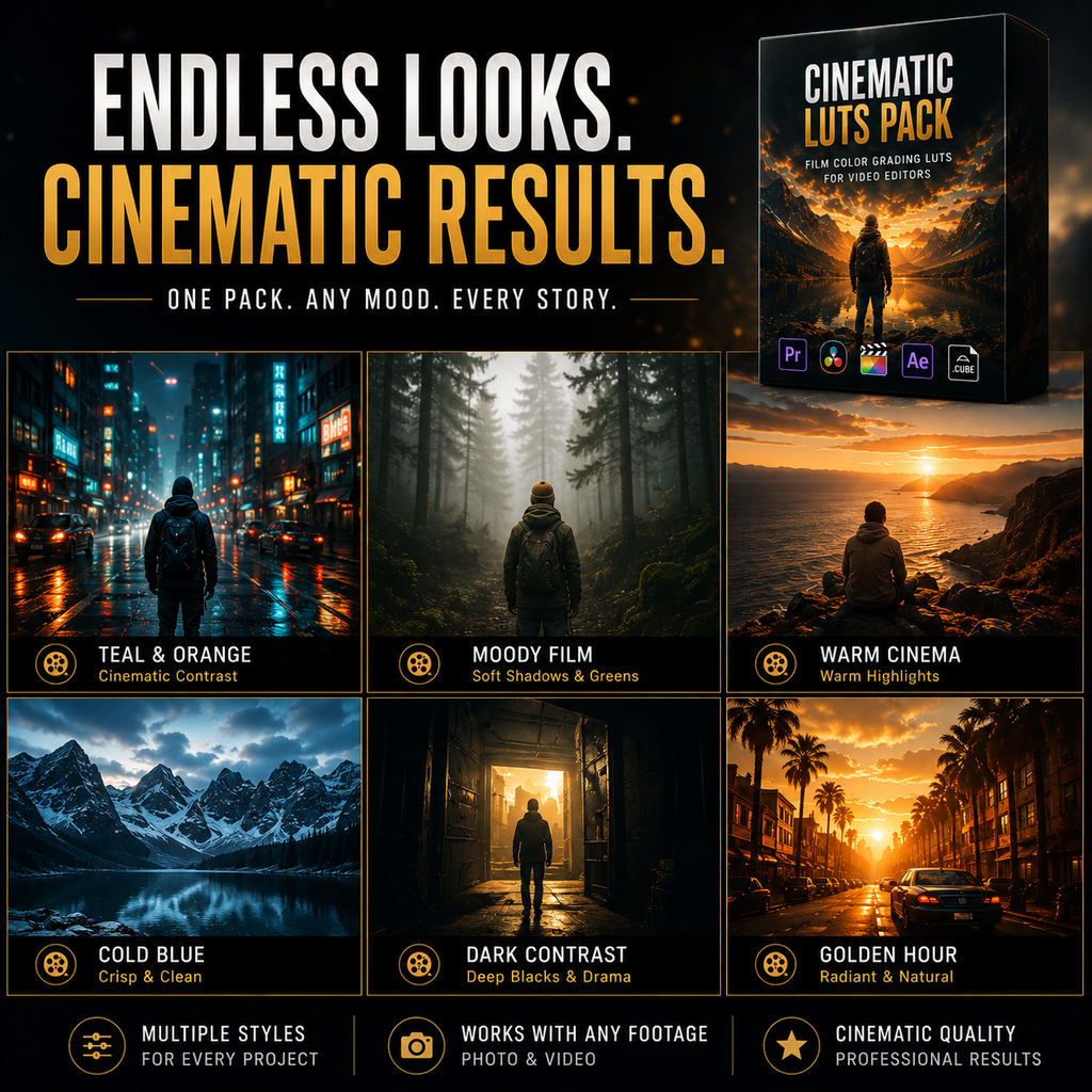 Promotional graphic for a cinematic LUTs pack for video editors, showing a product box cover and six sample cinematic image styles: teal and orange contrast, moody film, warm cinema, cold blue, dark contrast, and golden hour. Text reads 'ENDLESS LOOKS.