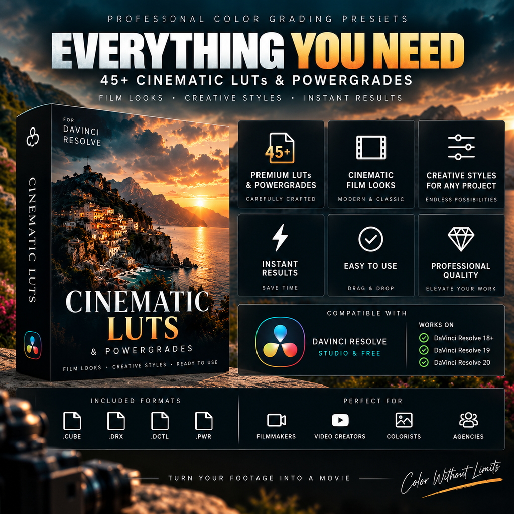 Promotional graphic for a digital preset pack titled 'Everything You Need' for DaVinci Resolve, featuring a software box cover, feature tiles, compatibility badge, and format icons on a dark background.