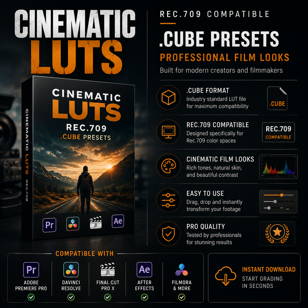 Promotional graphic for a digital product called Cinematic Luts Rec.709 Cube Presets, showing a software box mockup, compatibility text, feature icons, and software logos including Premiere Pro, DaVinci Resolve, Final Cut Pro X, After Effects, and Filmora.