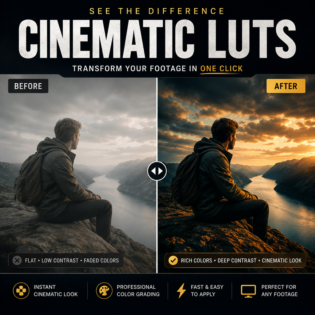 Promotional graphic for cinematic Luts showing a side-by-side before/after comparison of a man sitting on a cliff overlooking a river. The left side is labeled flat and low contrast, while the right side shows rich, cinematic colors.