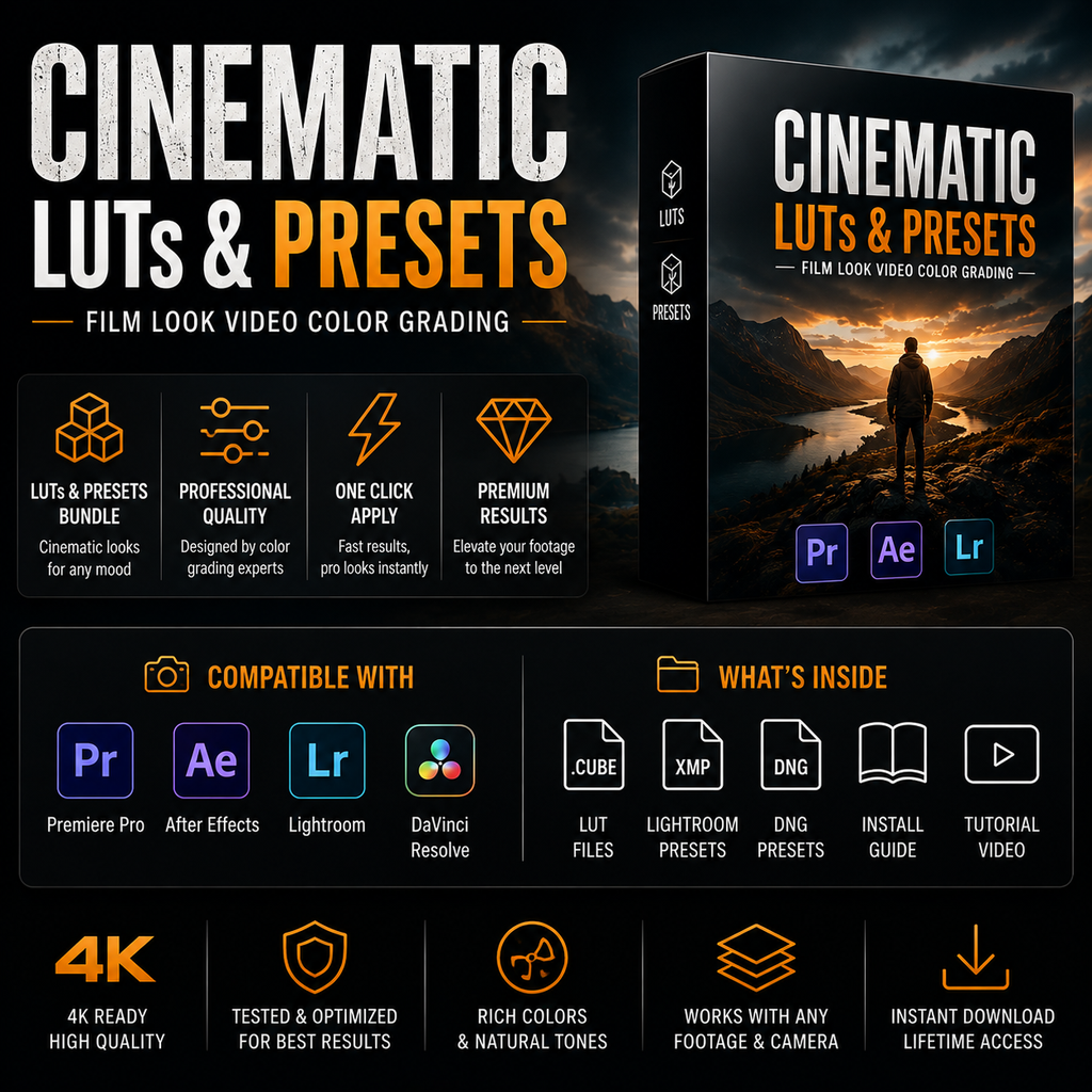 Promotional graphic for a 'Cinematic Luts & Presets' bundle, showing a software box mockup on the right and a feature infographic on the left. The graphic highlights compatibility with Premiere Pro, After Effects, Lightroom, and DaVinci Resolve, and lists included file formats like LUTs, XMP, DNG, and a tutorial video.