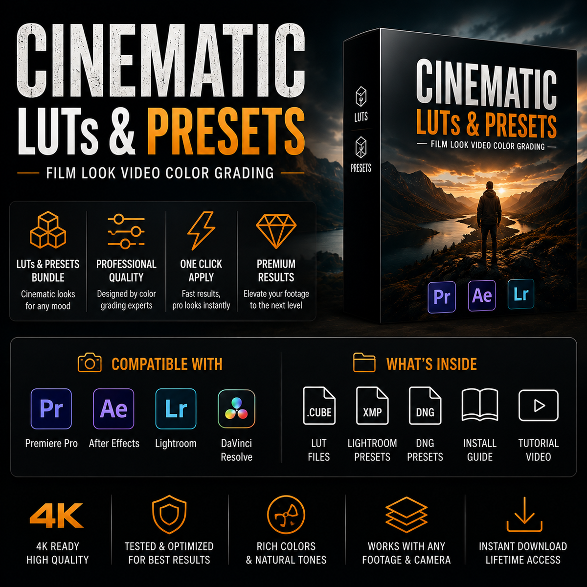 Promotional graphic for a 'Cinematic Luts & Presets' bundle, showing a software box mockup on the right and a feature infographic on the left. The graphic highlights compatibility with Premiere Pro, After Effects, Lightroom, and DaVinci Resolve, and lists included file formats like LUTs, XMP, DNG, and a tutorial video.