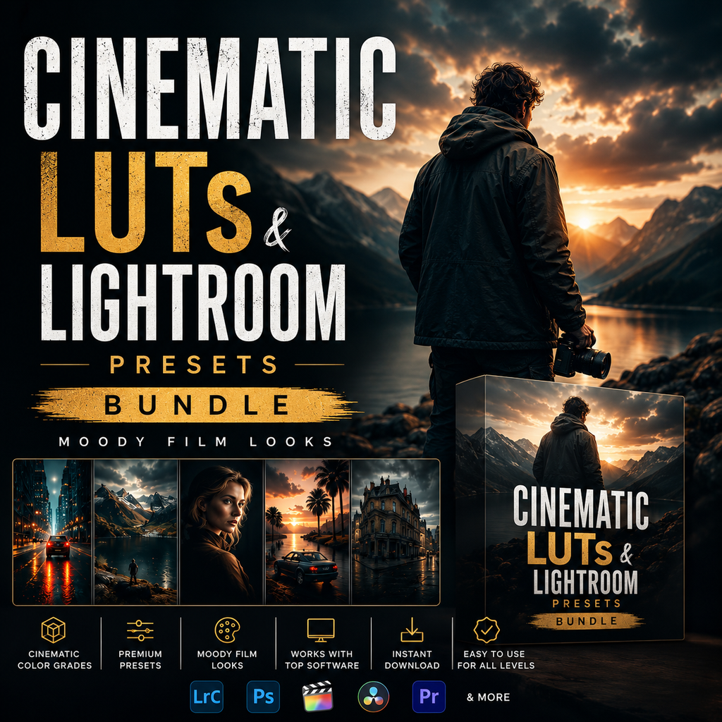 Promotional graphic for a 'Cinematic Luts & Lightroom Presets Bundle' showing a dramatic mountain lake sunset scene with a person seen from behind, large title text, four sample edited photo panels, and software compatibility icons including Lightroom and Photoshop.