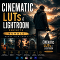 Promotional graphic for a 'Cinematic Luts & Lightroom Presets Bundle' showing a dramatic mountain lake sunset scene with a person seen from behind, large title text, four sample edited photo panels, and software compatibility icons including Lightroom and Photoshop.