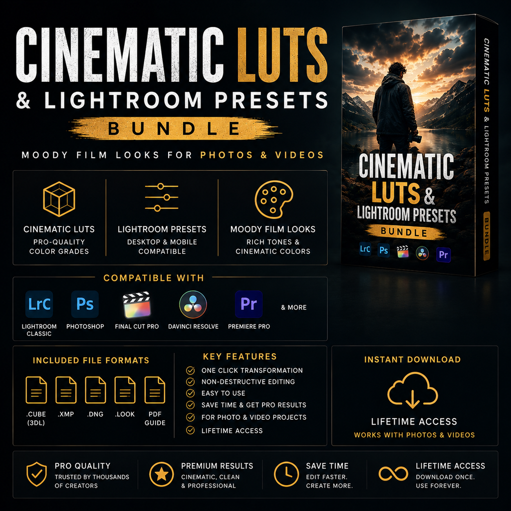 Promotional graphic for a 'Cinematic Luts & Lightroom Presets Bundle' showing a product box mockup on the right and feature callouts on the left over a dark textured background. The bundle includes Lightroom Classic, Photoshop, Final Cut Pro, DaVinci Resolve, and Premiere Pro compatibility, with file formats like Cube, XMP, SNG, LUT, and PDF Guide.