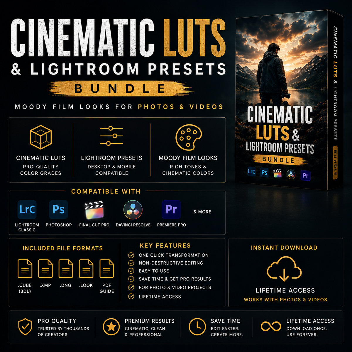Promotional graphic for a 'Cinematic Luts & Lightroom Presets Bundle' showing a product box mockup on the right and feature callouts on the left over a dark textured background. The bundle includes Lightroom Classic, Photoshop, Final Cut Pro, DaVinci Resolve, and Premiere Pro compatibility, with file formats like Cube, XMP, SNG, LUT, and PDF Guide.