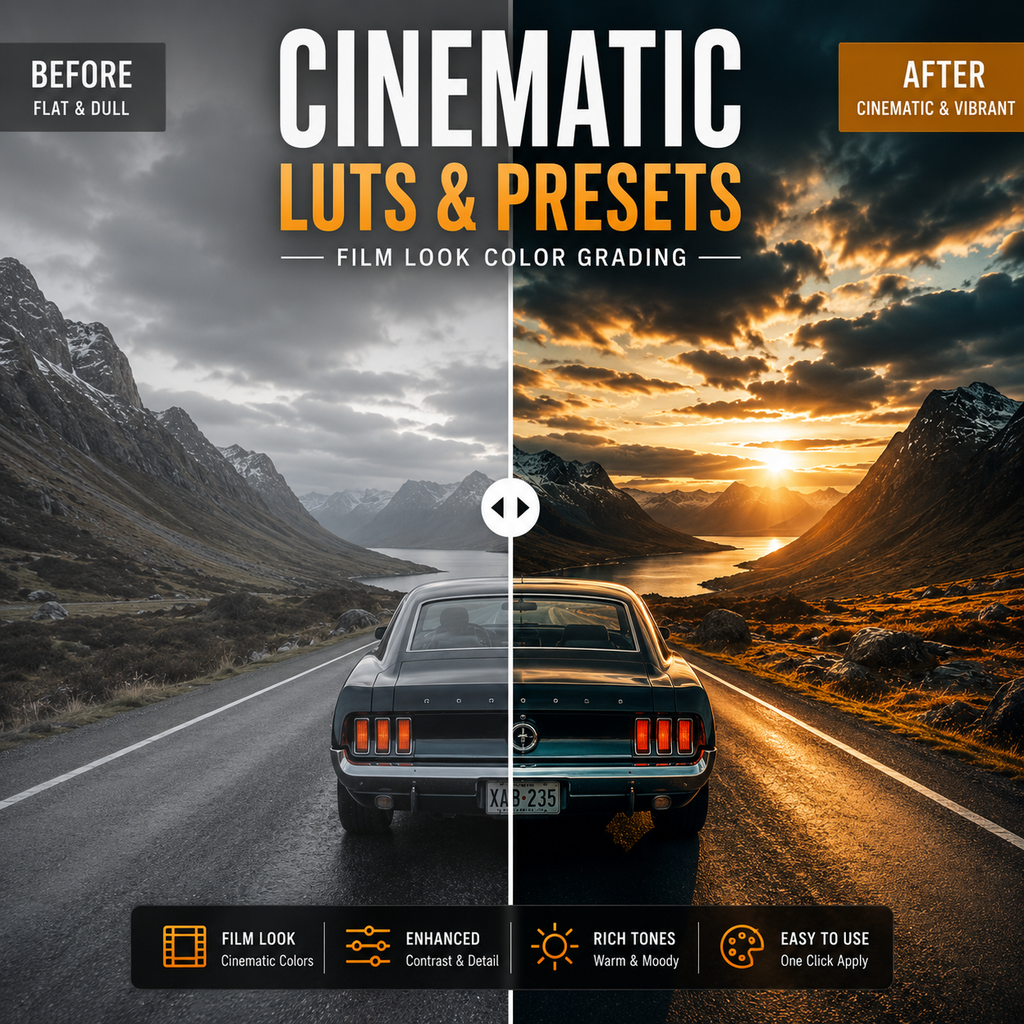 Promotional graphic for cinematic Luts & Presets showing a mountain road scene split into a dark, desaturated 'Before' side and a warm, vibrant 'After' side. Large text reads 'CINEMATIC LUTS & PRESETS' with feature callouts along the bottom.