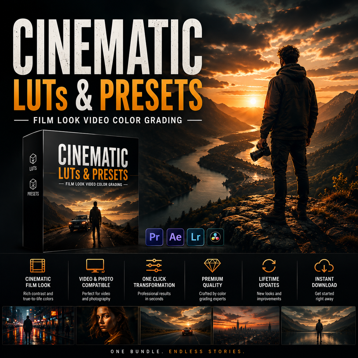 Promotional graphic for a digital preset bundle titled 'Cinematic Luts & Presets' with a dark, dramatic mountain sunset scene showing a person standing on a cliffside. Large text reads 'CINEMATIC LUTs & PRESETS' and includes compatibility icons for Premiere Pro, After Effects, Lightroom, and Photoshop.