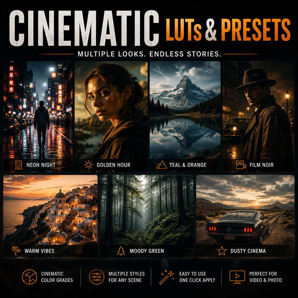 Promotional graphic for cinematic LUTs and presets, showing six example photo styles in a grid: neon night city, golden hour portrait, teal and orange mountain lake, film noir portrait, warm-vibes coastal town, and moody green forest. Large text reads 'CINEMATIC LUTs & PRESETS' with smaller copy about multiple looks and endless stories.