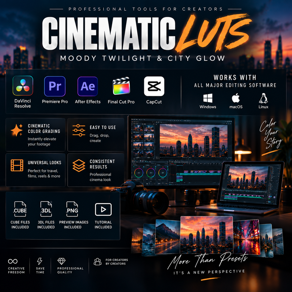 Promotional graphic for Cinematic Luts, a preset pack for video editing. The design features a dark, moody cityscape background with glowing neon tones, showcasing digital software interfaces (DaVinci Resolve, Premiere Pro, After Effects, Final Cut Pro, CapCut) and physical camera gear.