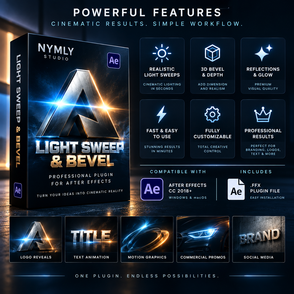 Promotional graphic for a digital After Effects plugin called 'Light Sweer & Bevel' by Nymly Studio, showing a 3D software box mockup, feature icons, compatibility badges for Adobe After Effects CC 2018 and AE 4.0, and example preview thumbnails.