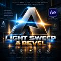 Promotional graphic for a digital After Effects plugin showing a large metallic triangular logo with dramatic blue and gold light sweeps and glow effects. Text reads 'LIGHT SWEEP & BEVEL' and includes an Adobe After Effects 'Ae' badge, with additional marketing copy about logo reveals, text animation, motion graphics, and cinematic results.
