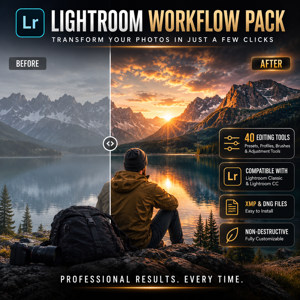 Promotional graphic for a Lightroom Workflow Pack showing a before-and-after split of a mountain lake landscape, with a seated person in the foreground on the 'after' side. Large text reads 'Lr Lightroom Workflow Pack' and lists features like 40 editing tools, compatibility with Lightroom Classic & CC, XMP & DNG files, and non-destructive editing.