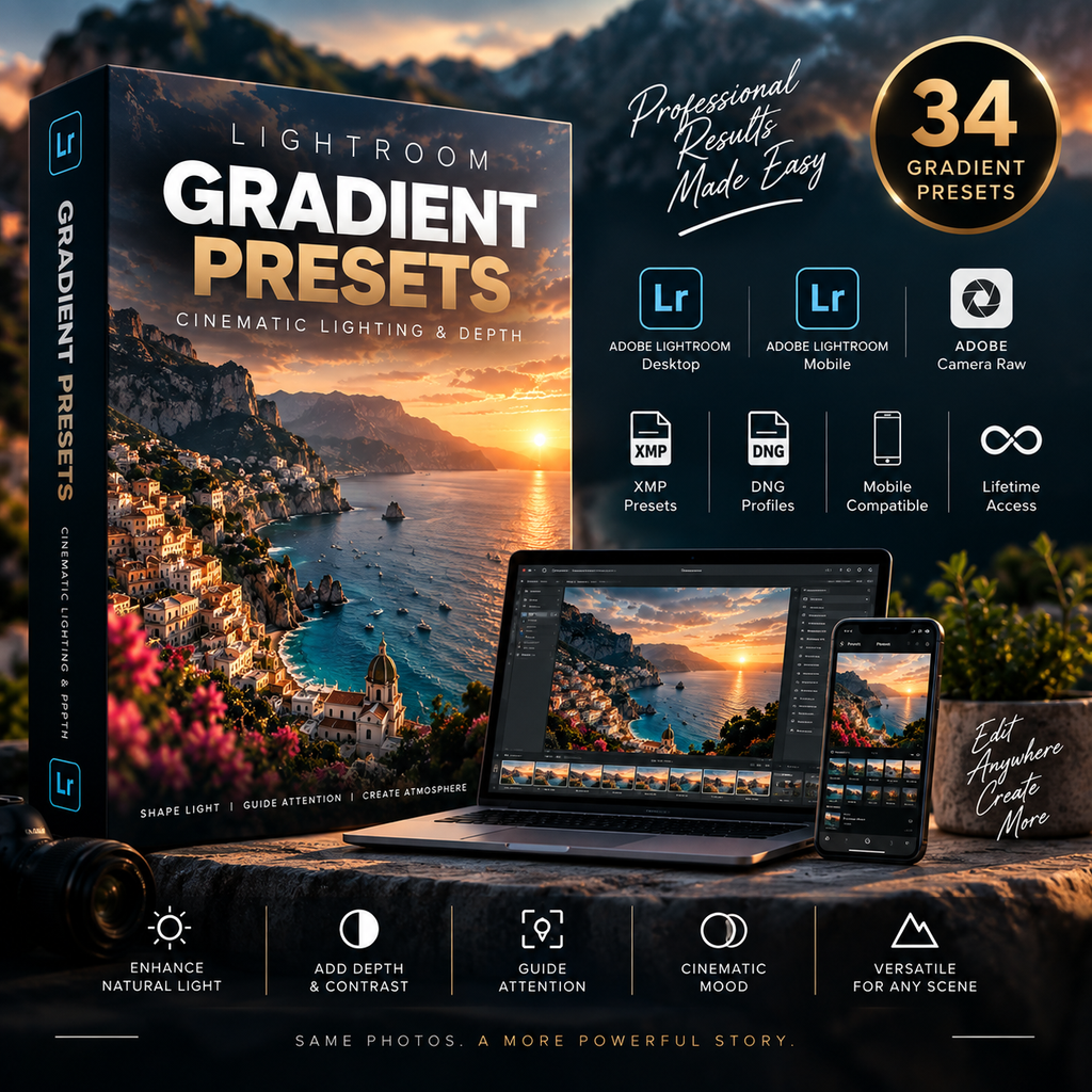 Promotional graphic for Lightroom Gradient Presets showing a boxed set cover, a laptop with the Lightroom interface displaying a sunset coastal scene, and a smartphone. Text highlights '34 Gradient Presets,' Adobe Lightroom Desktop and Mobile compatibility, XMP and DNG profiles, and mobile compatibility.