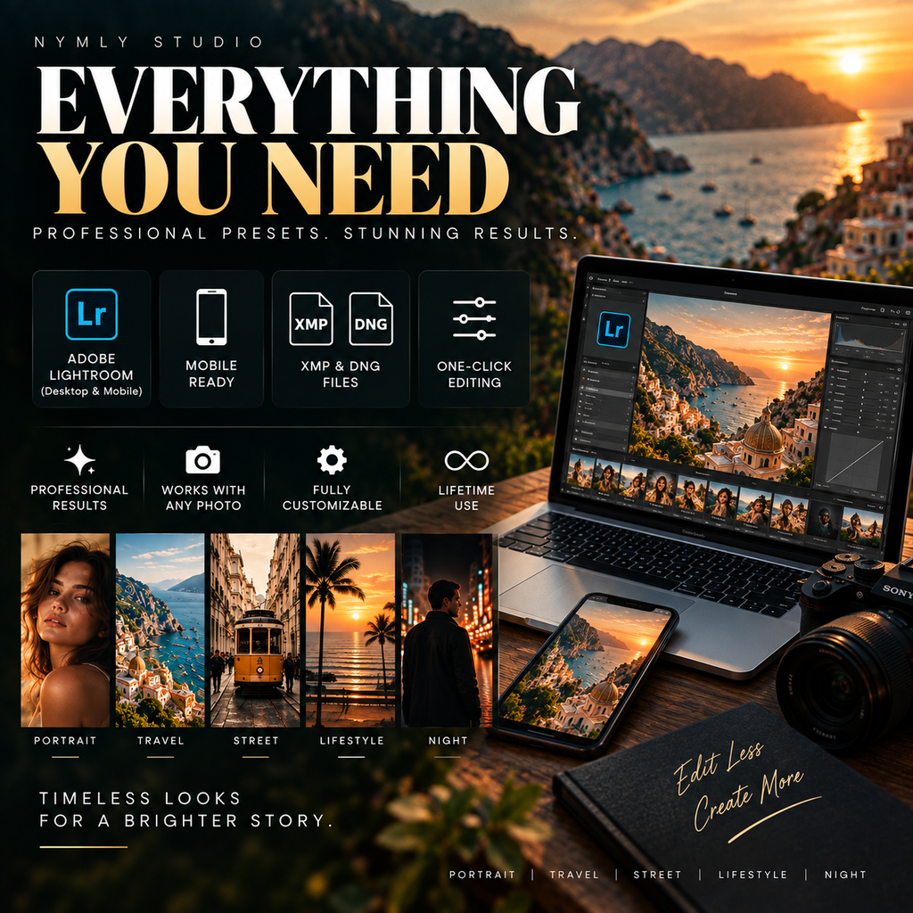 Promotional graphic for a preset pack titled 'Everything You Need' by Nymly Studio, showing a laptop, phone, camera, and notebook over a scenic sunset seascape. Text highlights Adobe Lightroom compatibility, mobile readiness, XML & DNG files, one-click editing, professional results, and lifestyle use across portrait, travel, street, lifestyle, and night scenes.