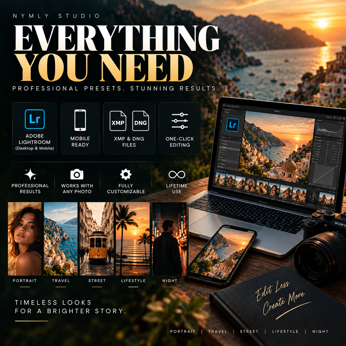 Promotional graphic for a preset pack titled 'Everything You Need' by Nymly Studio, showing a laptop, phone, camera, and notebook over a scenic sunset seascape. Text highlights Adobe Lightroom compatibility, mobile readiness, XML & DNG files, one-click editing, professional results, and lifestyle use across portrait, travel, street, lifestyle, and night scenes.