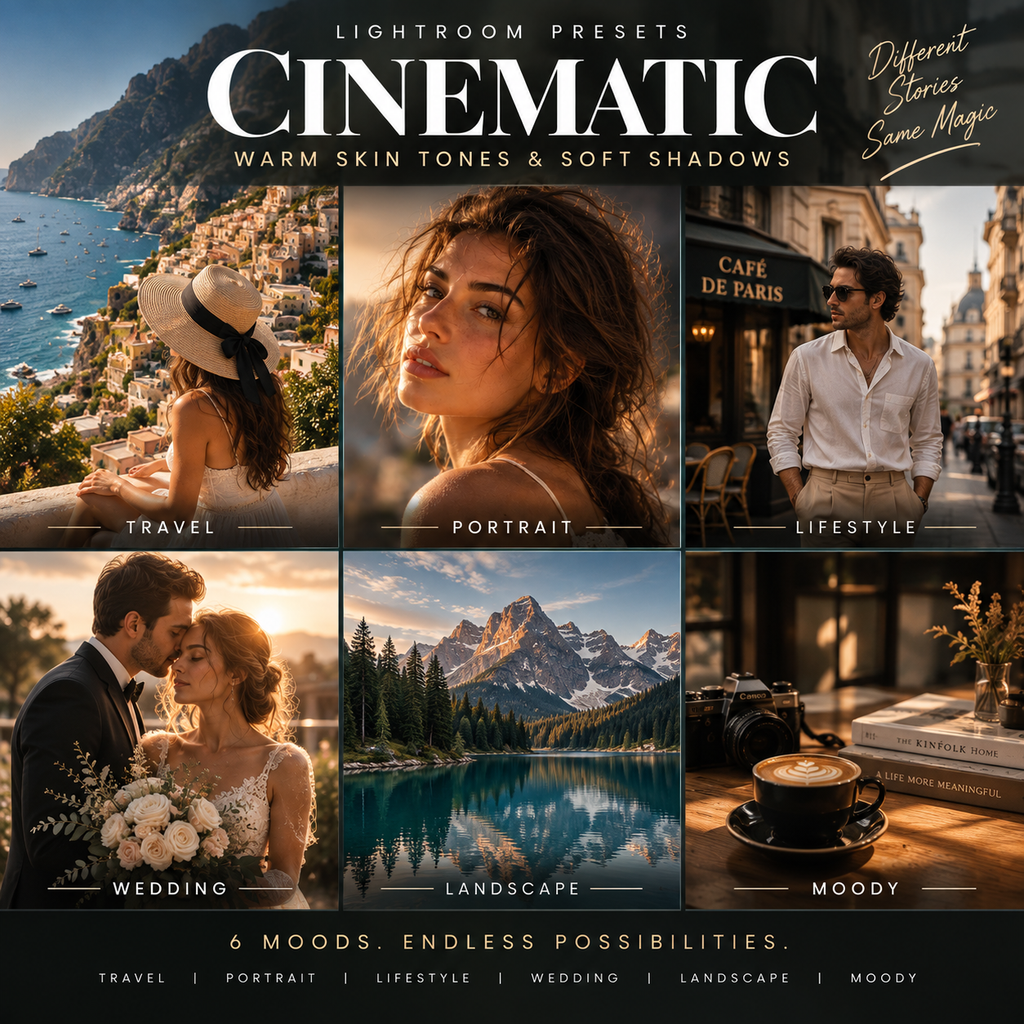 Promotional graphic for Lightroom presets titled 'Cinematic' showing six warm-toned lifestyle and travel scenes: a coastal town, a portrait, a man on a street, a wedding couple, a mountain landscape, and a moody coffee table scene. Text reads 'Different Stories Same Magic' and '6 Moods.