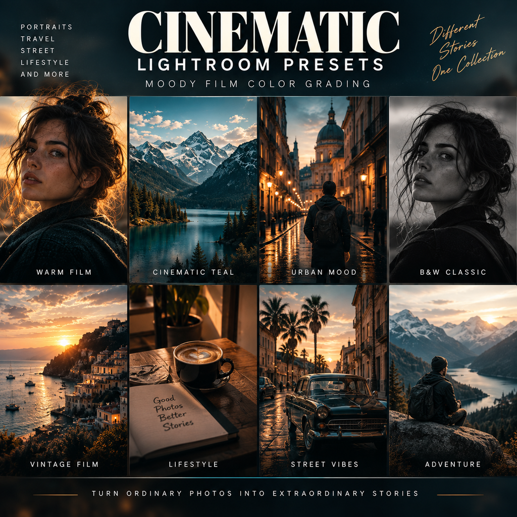 Promotional graphic for Cinematic Lightroom Presets, showing a 2x3 grid of moody, warm-toned edited photos with text labels such as Warm Film, Cinematic Teal, Urban Mood, B&W Classic, Vintage Film, Lifestyle, Street Vibes, and Adventure. Large title text at the top reads 'CINEMATIC Lightroom Presets' with 'Moody Film Color Grading' below.